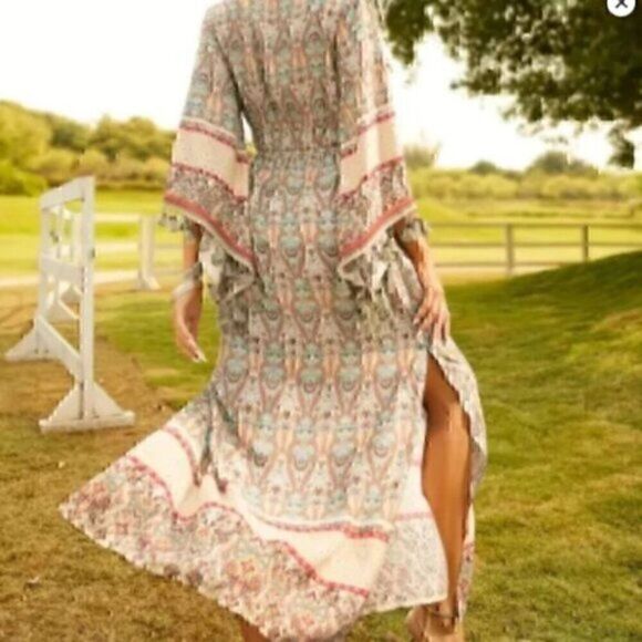 Bohemian Floral Print Woven Bell Sleeve Flounce Peasant Maxi  Hippie Dress L - Picture 6 of 14